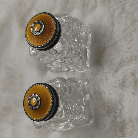 Pair of Vintage Norway Sterling and Guilloche Enamel Crystal Salt & Pepper Shake - Picture 1 of 8